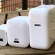 From left to right: Apple 5W USB Charger, Anker PowerPort Atom PD 1 30W USB-C Charger, Apple 30W USB-C Charger